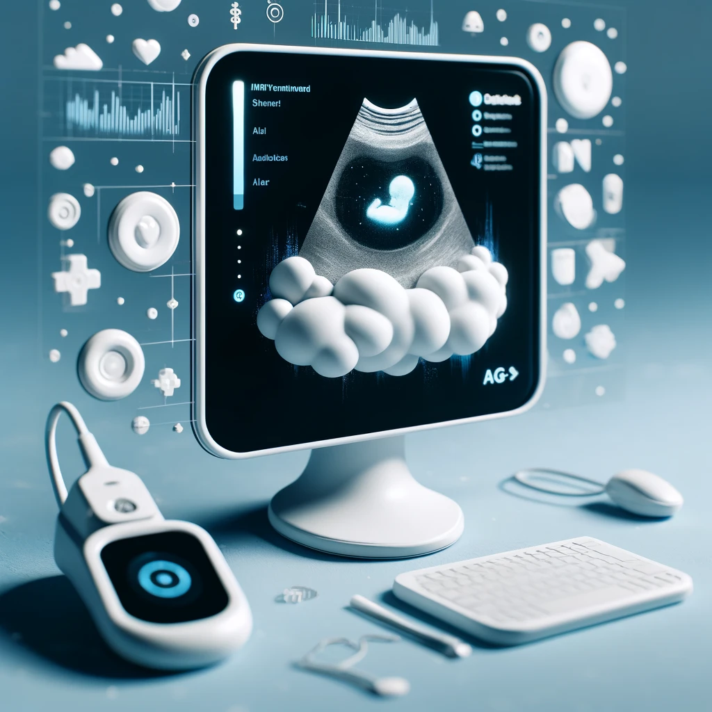 digital illustration that represents the SUOG project's integration of AI with ultrasound technology in obstetrics and gynecology, focusing on the machine and its AI-driven features.